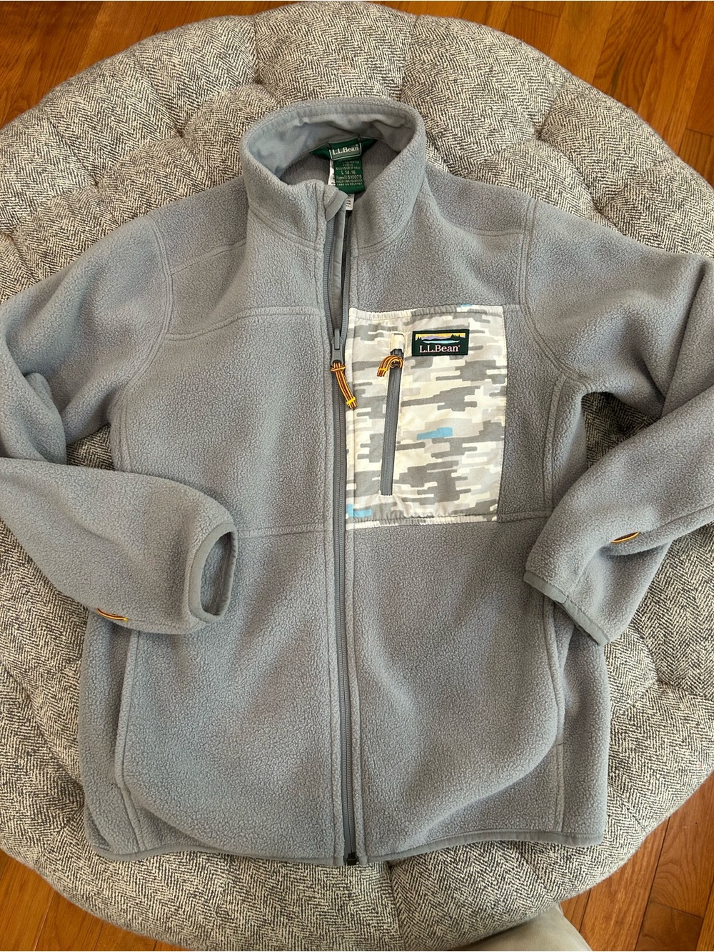 L.L. Bean Kids' Gray Fleece Jacket with Camo Chest Pocket- youth sized 14-16